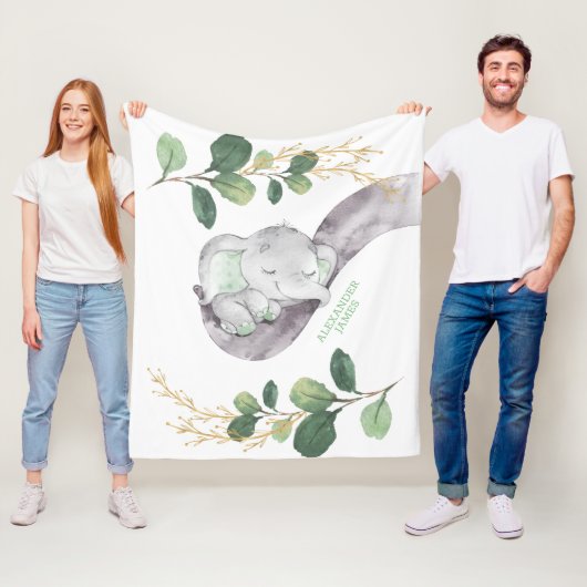 キュートグリーンリー金ゴールドベビーエレファントボーイ子供部屋 フリースブランケット (インサイチュ)