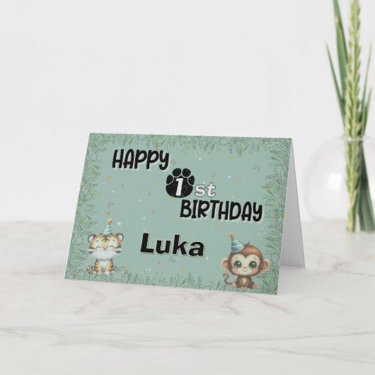 キュートグリーンリー1stワイルドサファリハッピーバースデー 招待状 (正面)