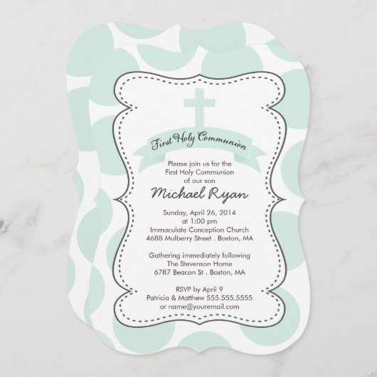 キュートグリーン水玉模様クロスコミュニオン招待状 招待状 (正面/裏面)
