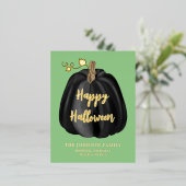キュートグリーン金ゴールドカボチャハッピーハローウィンフォイル 箔シーズンポストカード (立ち正面)