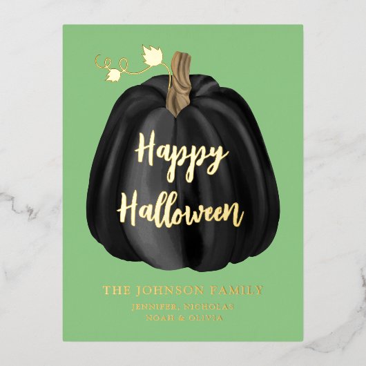 キュートグリーン金ゴールドカボチャハッピーハローウィンフォイル 箔シーズンポストカード (正面)