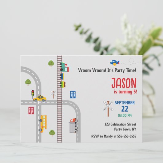 キュートグレーアーバントラフィックボーイズ誕生日招待状 招待状 (スタンド正面)