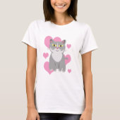 キュートグレーキャットラブマンガペットアートデザイン Tシャツ (正面)