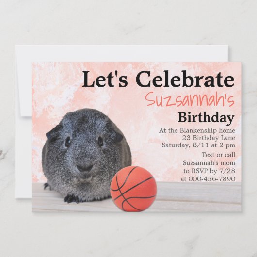 キュートグレーギニアピグバスケットボールカスタムパーティー 招待状 (正面)