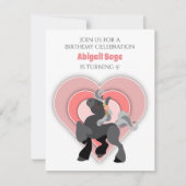 キュートグレーポニーとピンクハートズホース誕生日 招待状 (正面)