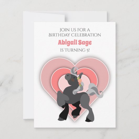 キュートグレーポニーとピンクハートズホース誕生日 招待状 (正面)