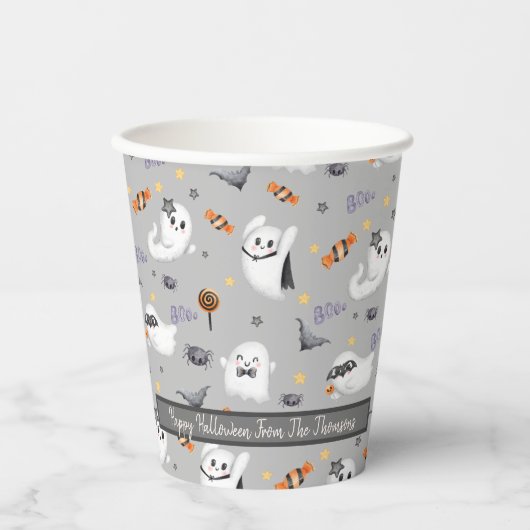 キュートグレー不気味幽霊ハロウィーンパターン 紙コップ (正面)