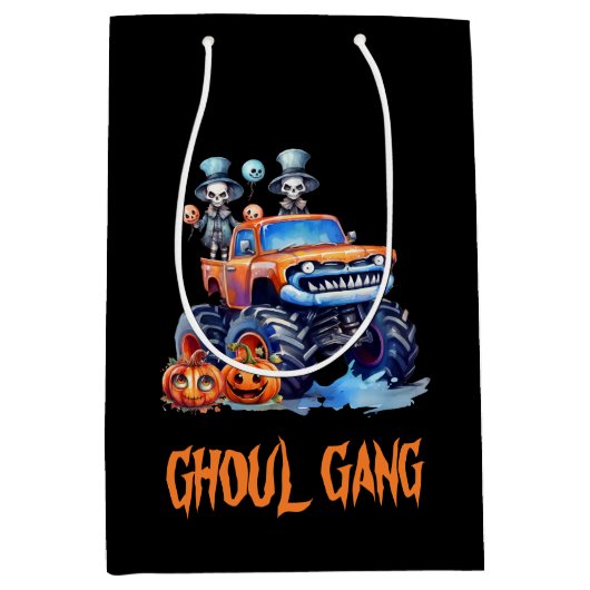 キュートグール集団スケルトン不気味トラックハロウィーン ミディアムペーパーバッグ (正面)