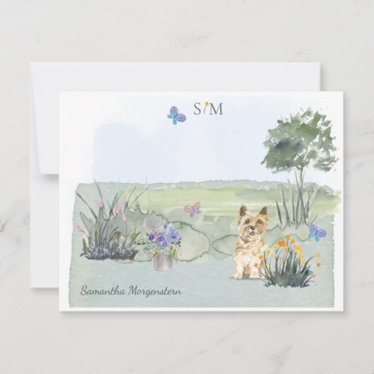 キュートケアンテリアドッグバタフライモノグラム&ネーム ノートカード (正面)