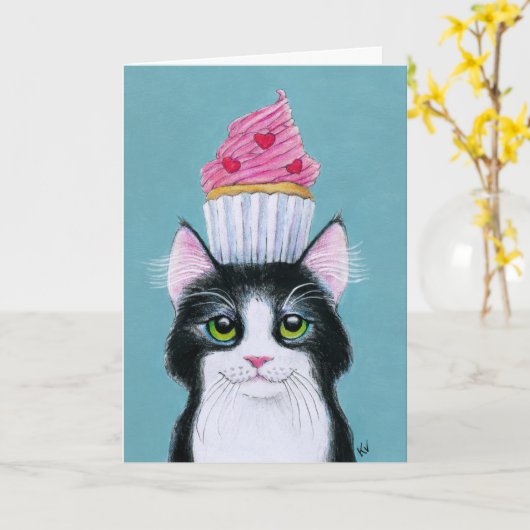 キュートケーキの誕生日グリーティングカード付きの可愛い猫 カード (黄色い花)