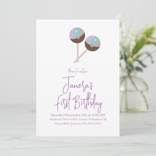 キュートケーキキャンディポップ・アートのバーファースト誕生日招待状 招待状 (スタンド正面)