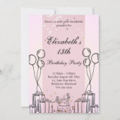 キュートケーキギフト誕生日テーマモノクロピンク 招待状 (正面)