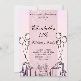 キュートケーキギフト誕生日テーマモノクロピンク 招待状