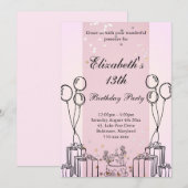 キュートケーキギフト誕生日テーマモノクロピンク 招待状 (正面/裏面)