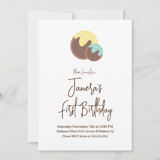 キュートケーキボールポップ・アートのファースト誕生日招待状 招待状 (正面)