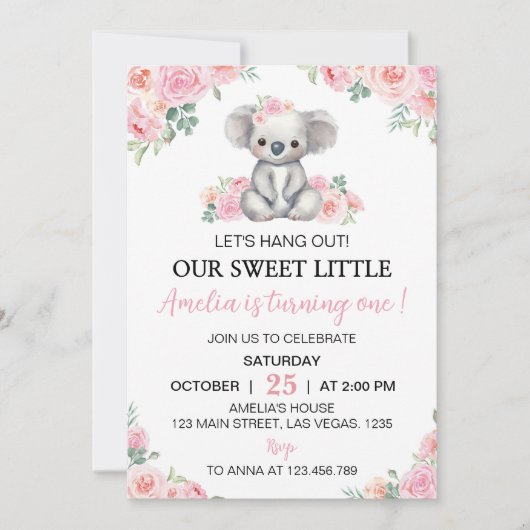 キュートコアラピンクフローラガール誕生日 招待状 (正面)