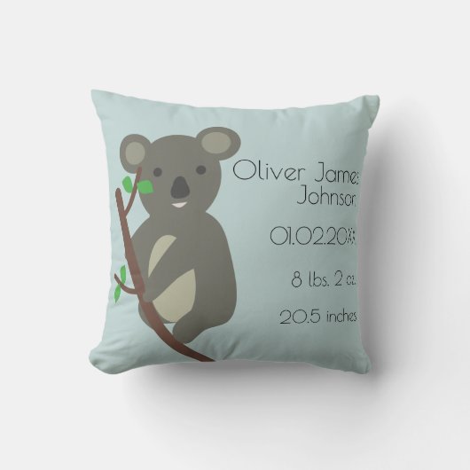 キュートコアラブルー男の赤ちゃん誕生統計 クッション (正面)