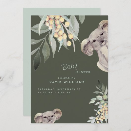 キュートコアラベアーオリーブベビーシャワー招待状 招待状 (正面/裏面)