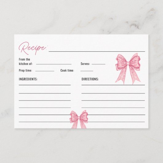 キュートコケットピンクボウブライダルシャワーレシピカード エンクロージャーカード (正面)