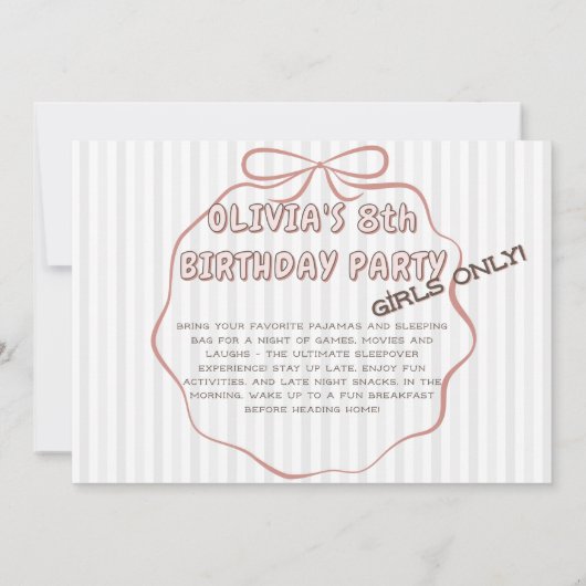 キュートコケットボウパジャマストライプのパーティー誕生日 招待状 (裏面)