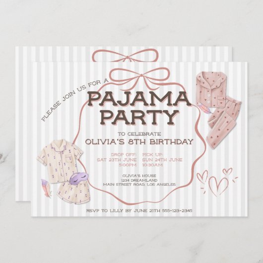 キュートコケットボウパジャマストライプのパーティー誕生日 招待状 (正面/裏面)
