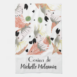 キュートコッカトゥーハートグリーンイラストレーション キッチンタオル