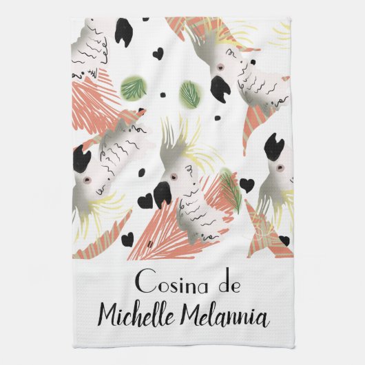 キュートコッカトゥーハートグリーンイラストレーション キッチンタオル (縦)