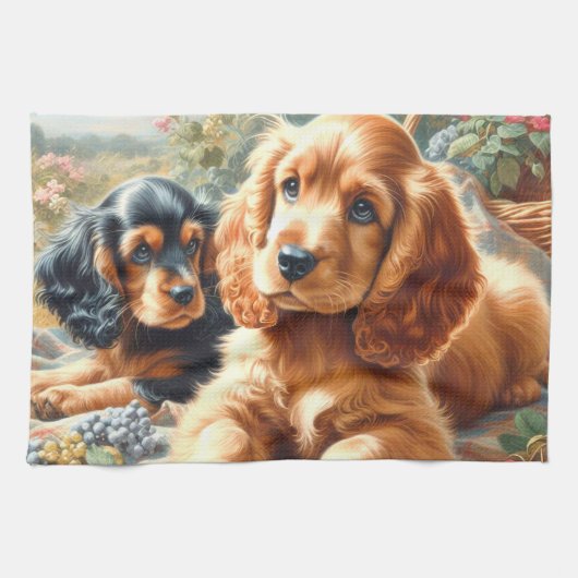 キュートコッカースパニエル犬絵画ズ キッチンタオル (横)