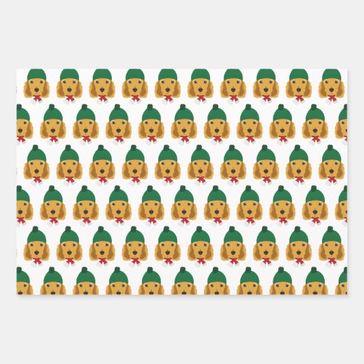 キュートコッカースパニエル犬&レッドストライプのクリスマス ラッピングペーパーシート (正面)