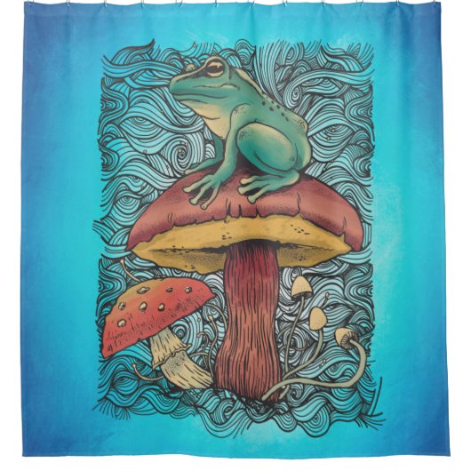 キュートコテージコアカエルとキノコデザイン シャワーカーテン (正面)