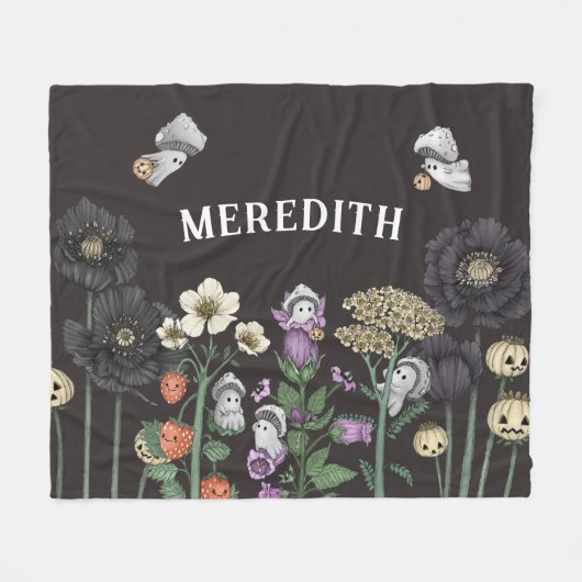 キュートコテージコアキノコ幽霊ハロウィーン フリースブランケット (正面(横))