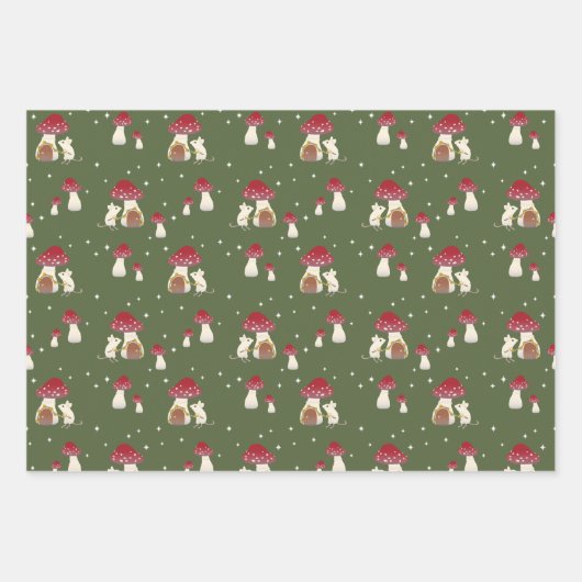 キュートコテージコアマウスレッドマッシュルームハウスグリーン ラッピングペーパーシート (正面2)