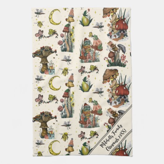 キュートコテージコアメリークリスマスマッシュルームラバーキ キッチンタオル (縦)