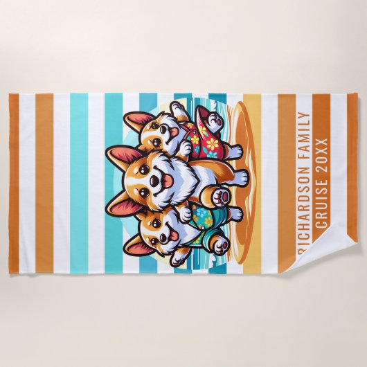 キュートコルギドッグスサマーファミリーバケーション ビーチタオル (正面)