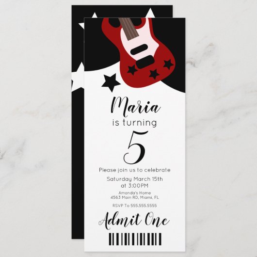 キュートコンサートミュージックスターチケットスタイルパーティー 招待状 (正面/裏面)