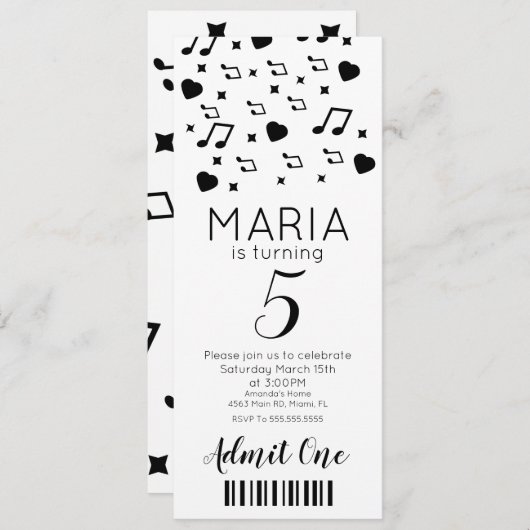 キュートコンサートミュージックチケットスタイルパーティー 招待状 (正面/裏面)