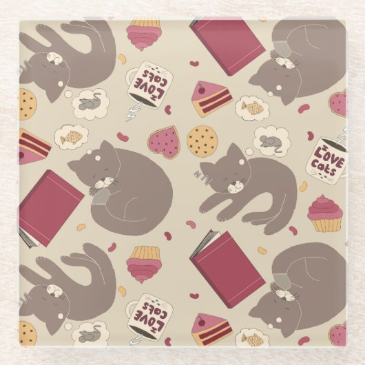 キュートコージー猫好きコラージュ ガラスコースター (正面)