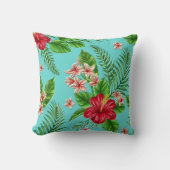 キュートコーラルトロピカルハイビスカスフラワーオンターコイズ クッション (正面)
