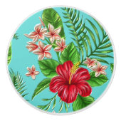 キュートコーラルトロピカルハイビスカスフラワーオンターコイズ セラミックノブ (正面)