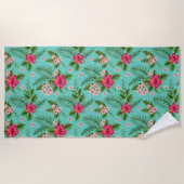 キュートコーラルトロピカルハイビスカスフラワーオンターコイズ ビーチタオル (正面)