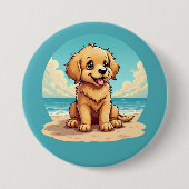 キュートゴールデンパピーアットサニービーチシーン 缶バッジ (正面)