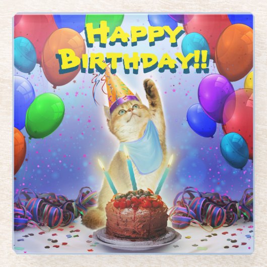 キュートゴールデンフェスティバル誕生日子猫 ガラスコースター (正面)