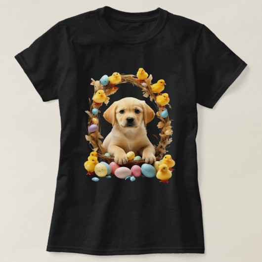 キュートゴールデンラブラドール子犬とチクズイースターバスク Tシャツ (デザイン正面)
