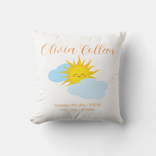キュートサニースマイル誕生レコード統計生まれたばかりのベビー クッション (正面)
