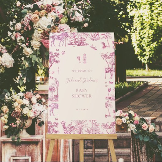 キュートサファリトイレデジュイ | ピンク色の赤ちゃんシャワー ポスター