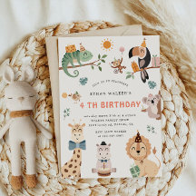 キュートサファリパーティー動物子供の誕生日招待状