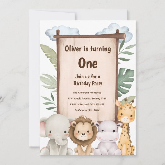 キュートサファリベビーアニマルズ誕生日招待状 招待状 (正面)