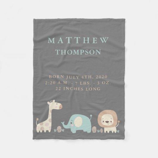 キュートサファリ誕生告知フリースベビーブランケット フリースブランケット (正面)