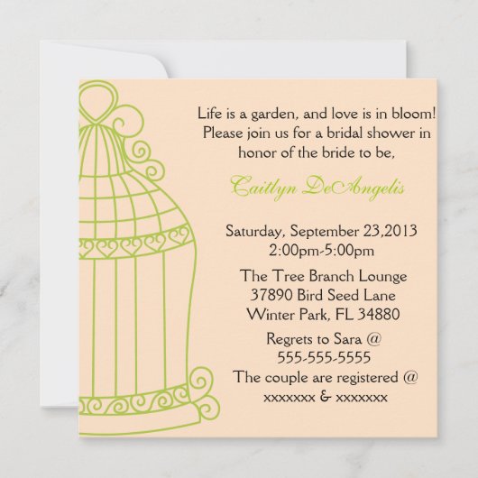 キュートサマーガーデンバードケージブライダルシャワー招待状 招待状 (正面)