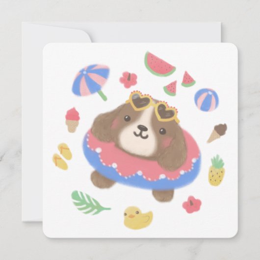 キュートサマースパニエル犬ドッグイラストレーション シーズンカード (正面)